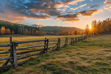 Sunset Landscape with Wooden Fence and Forest