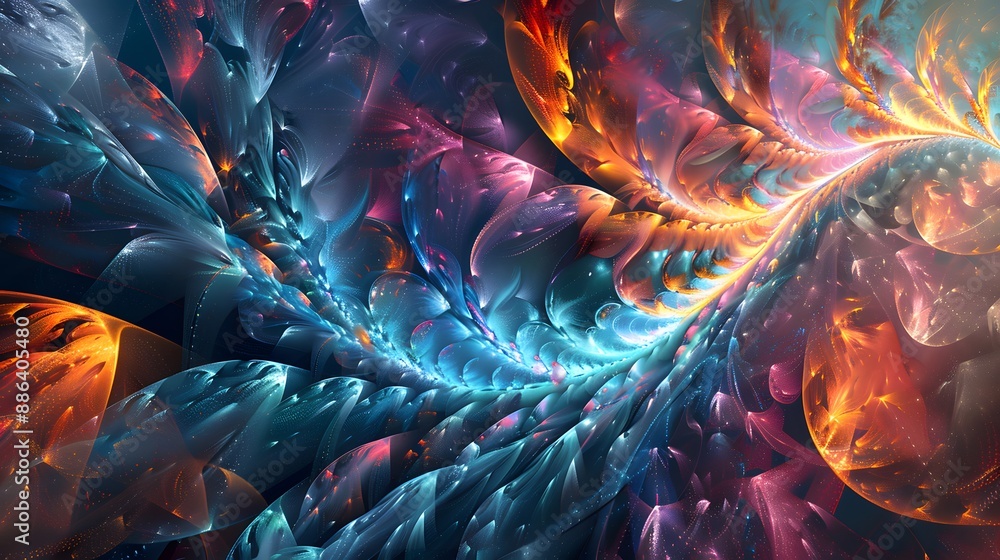 Poster complex fractal patterns with vibrant hues, offering a futuristic and captivating visual.