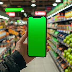 person holding a smartphone with green screen at the grocery store.