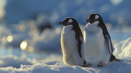 Obraz premium Four Emperor Penguins Standing Together in Snow at Sunrise