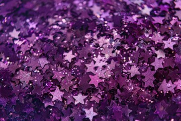 A detailed view of small twinkling purple star confetti scattered around, Dotted with small, twinkling purple stars - Powered by Adobe