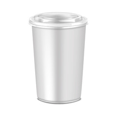 White paper cup with clear plastic lid. 3d mockup. Disposable takeaway food and drink container for liquids. Realistic vector mock-up. Template for design
