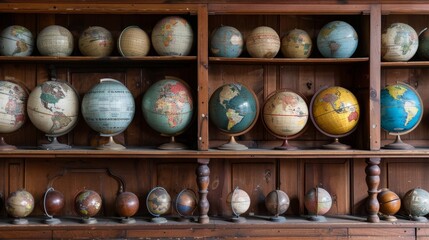 Antique Globe Collection on Wooden Shelf.