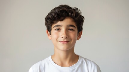 Portrait of a Smiling Teenage Boy with Curly Dark Hair and Freckles, Isolated Against a Plain Background