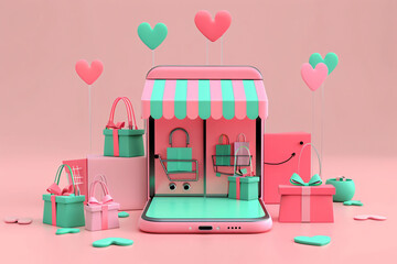 Fototapeta premium 3d Rendering Of An Ecommerce App With Smartphone And Paper Box For Online Shopping Background