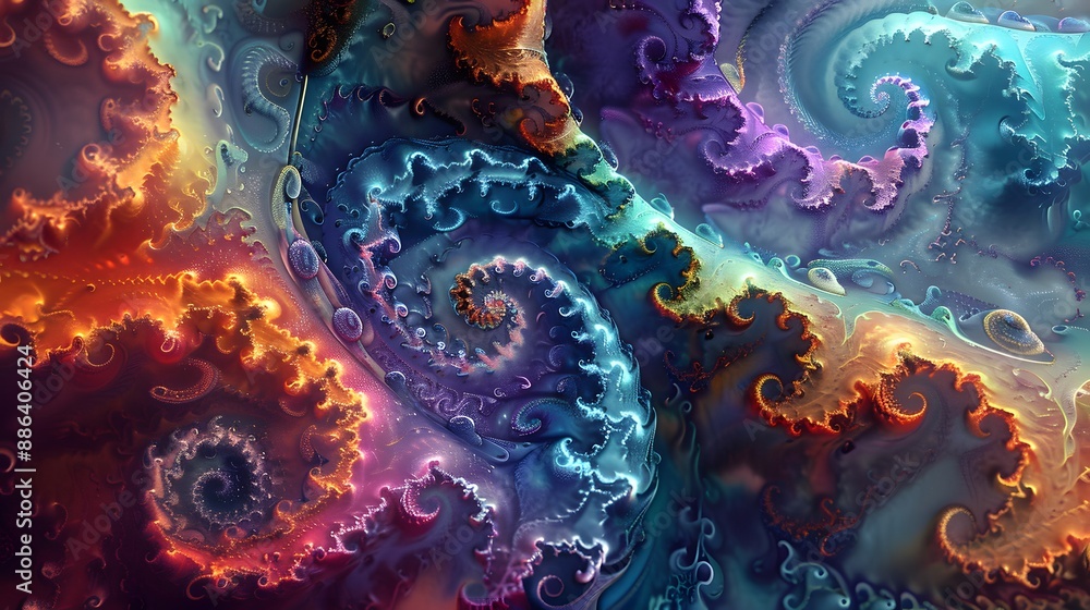 Poster complex fractal patterns with vibrant hues, offering a futuristic and captivating visual.