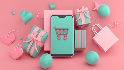 3d Rendering Of An Ecommerce App With Smartphone And Paper Box For Online Shopping Background