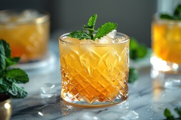 Fototapeta premium A whiskey smash cocktail in a rocks glass, with muddled mint leaves, lemon juice, and bourbon, garnished with a sprig of mint.