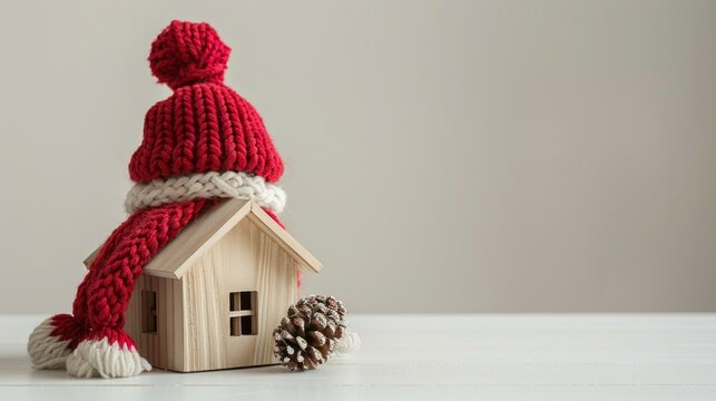 A small, wooden toy house sits on a white surface, wearing a red knit hat and scarf. A pine cone sits beside the house