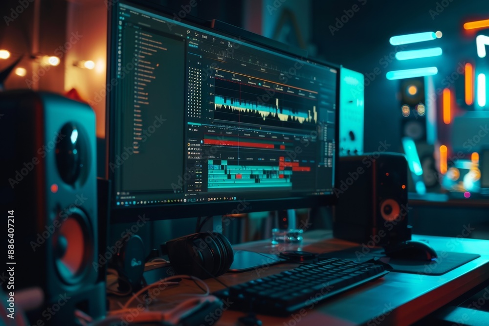 Poster audio engineer editing soundtrack on computer in recording studio at night