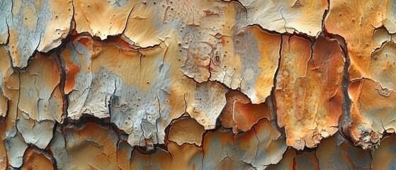 Close-up photograph of eucalyptus tree bark, 32k resolution, revealing the smooth and peeling surface. 