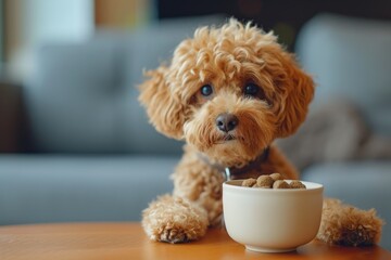 Hungry dog sitting with food bowl