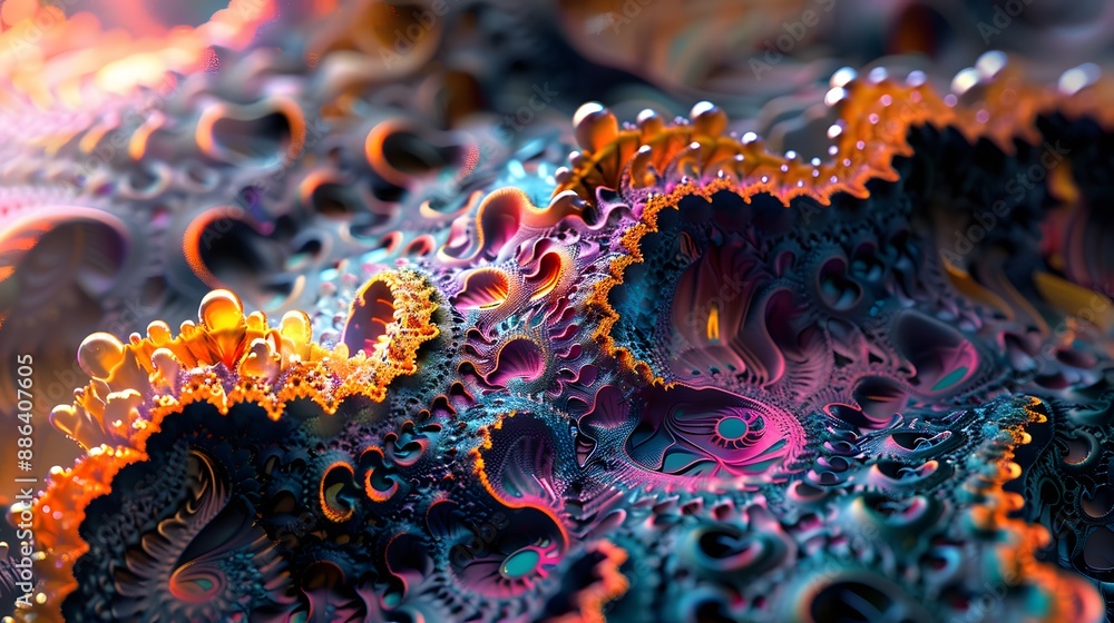 Poster complex fractal patterns with vibrant hues, offering a futuristic and captivating visual.