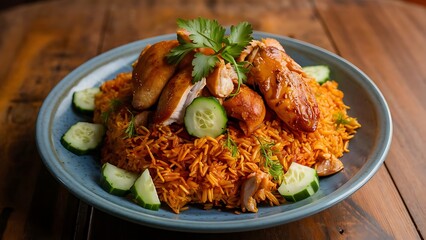 A bowl of tasty African Jollof Rice garnished with some chopped cucumbers and pieces of roasted chicken