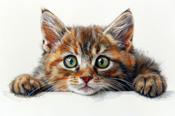 A vibrant watercolor illustration of a curious tabby kitten with green eyes, exploring playfully on a white background