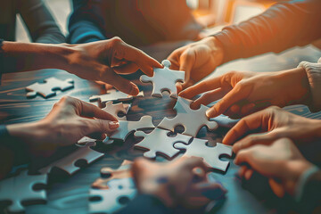 A puzzle being assembled by a team each piece representing a different aspect of their business vision and goals coming together