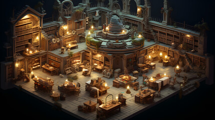 An isometric view of an ancient library, filled with bookshelves, desks, and research materials, lit by warm, glowing lamps.