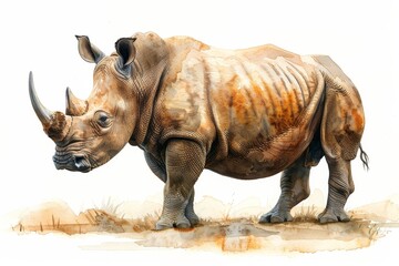 An elegant watercolor illustration of a magnificent rhinoceros with a distinctive horn and textured skin portrayed nobly on a white background