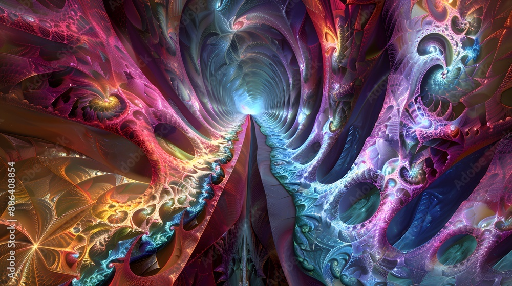 Poster complex fractal patterns with vibrant hues, offering a futuristic and captivating visual.