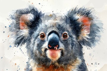 A charming watercolor illustration of a contented koala with fluffy fur and a cute nose, portrayed peacefully on a white background