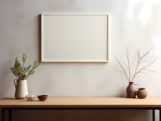 Minimalist wooden table with vases and a blank frame, perfect for adding custom artwork or designs.