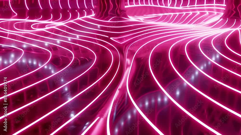 Poster abstract horizontal video with neon pink lines forming intricate patterns on a reflective surface, f