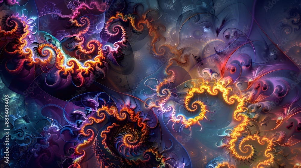 Poster complex fractal patterns with vibrant hues, offering a futuristic and captivating visual.
