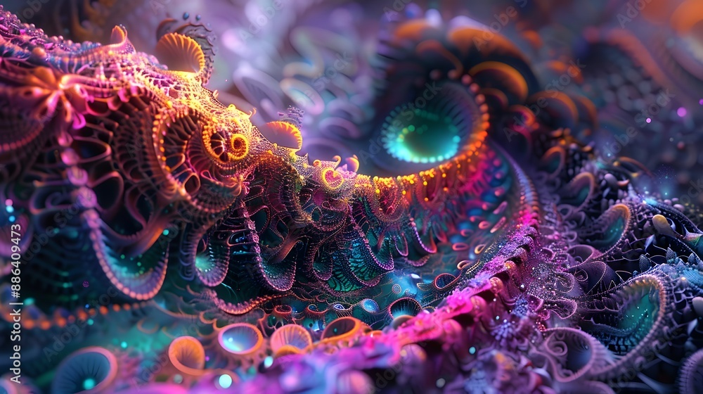 Poster complex fractal patterns with vibrant hues, offering a futuristic and captivating visual.