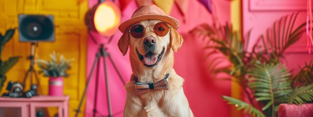 Obraz premium A dog is wearing sunglasses and a hat, and is sitting in front of a pink wall. The dog appears to be happy and is looking at the camera