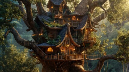 Naklejka premium An elaborate treehouse nestled in the branches of a giant, twisting tree.