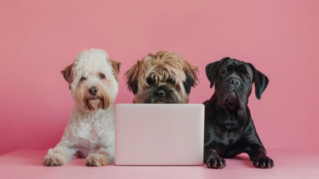 Three dogs, a white fluffy dog, a shaggy brown dog, and a black dog, are sitting in front of a laptop computer on a pink background