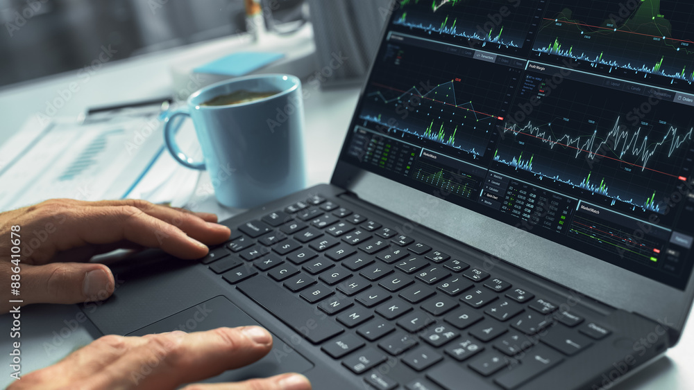 Poster Close Up On Hands Of Professional Financial Analyst Using Laptop Computer With Stock Options Graphs And Charts On Screen. Man Analyzing Stock Market Data And Enjoying Coffee In Hedge Fund Office.