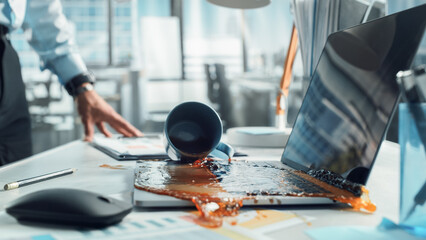 Clumsy Office Worker Accidentally Spilling Hot Coffee on Working Laptop Computer with Business...