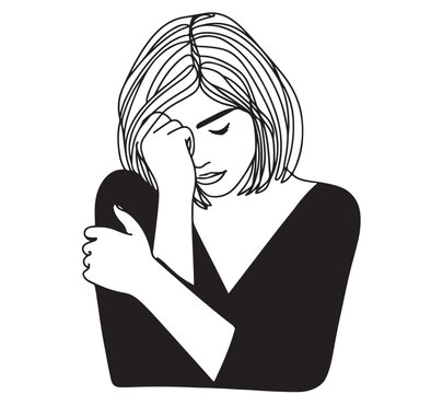 recommend clip art: Line drawing of woman hiding her face in despair. Sad