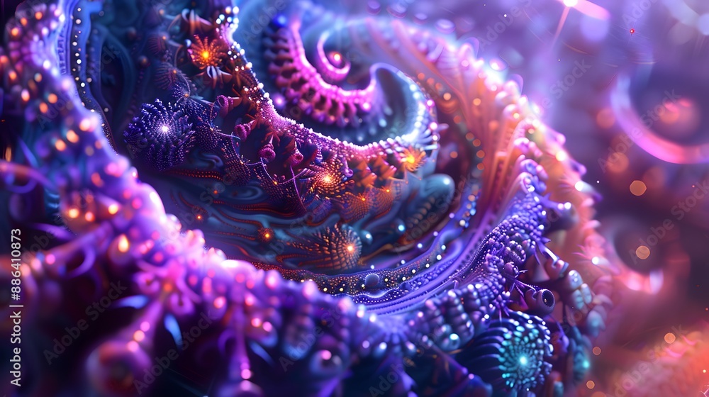 Poster complex fractal patterns with vibrant hues, offering a futuristic and captivating visual.