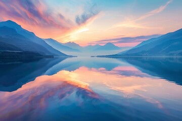 The sun setting over the mountains casting reflections in the calm lake below, Dreamy sunset over a calm lake with reflections of the sky