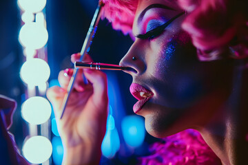 Fototapeta premium Candid close up of a gay male drag queen applying pink makeup in the mirror.&nbsp;