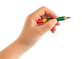 child hand holding a colorful crayon isolated cut out, cute kid hand