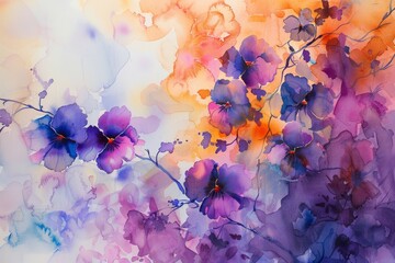 Watercolor painting featuring purple and orange flowers in a colorful and vibrant composition, Dreamy watercolor washes blending together