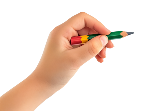 child hand holding a colorful crayon isolated cut out, cute kid hand