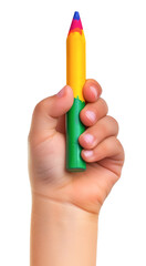 child hand holding a colorful crayon isolated cut out, cute kid hand