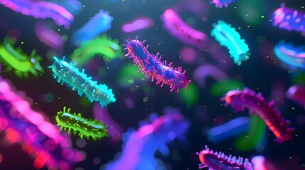 Fototapeta premium Vibrant close-up of colorful bacteria in a microscopic view. The bacteria are illuminated with vivid neon colors, highlighting their intricate structures.