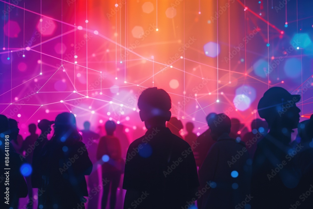 Aufkleber crowded silhouette-filled area with abstract neon digital network lines and glowing nodes background