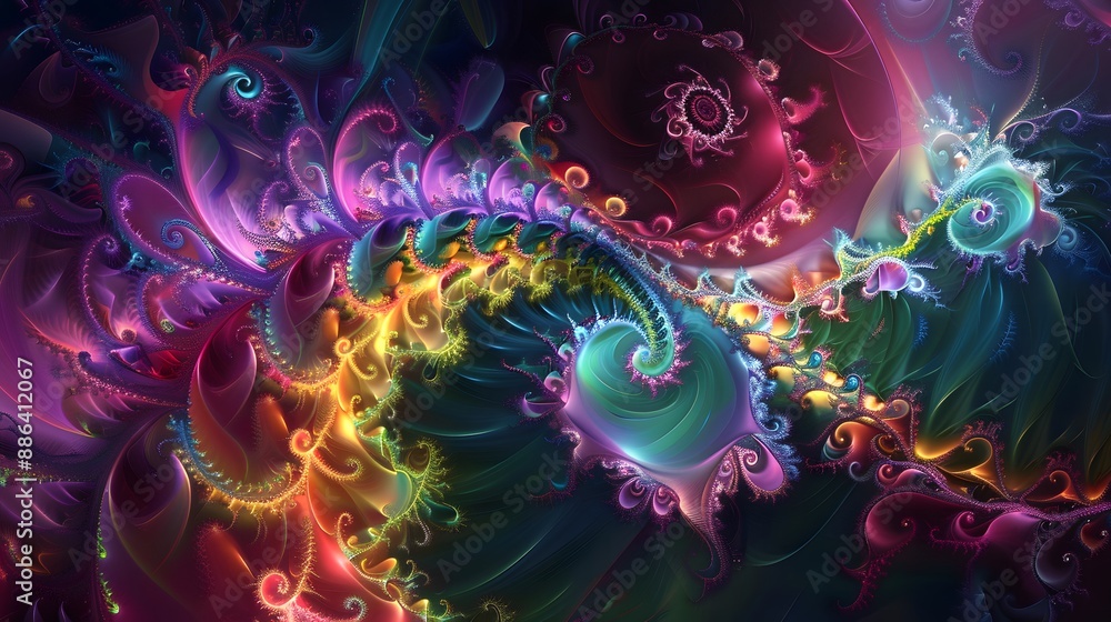 Poster complex fractal patterns with vibrant hues, offering a futuristic and captivating visual.