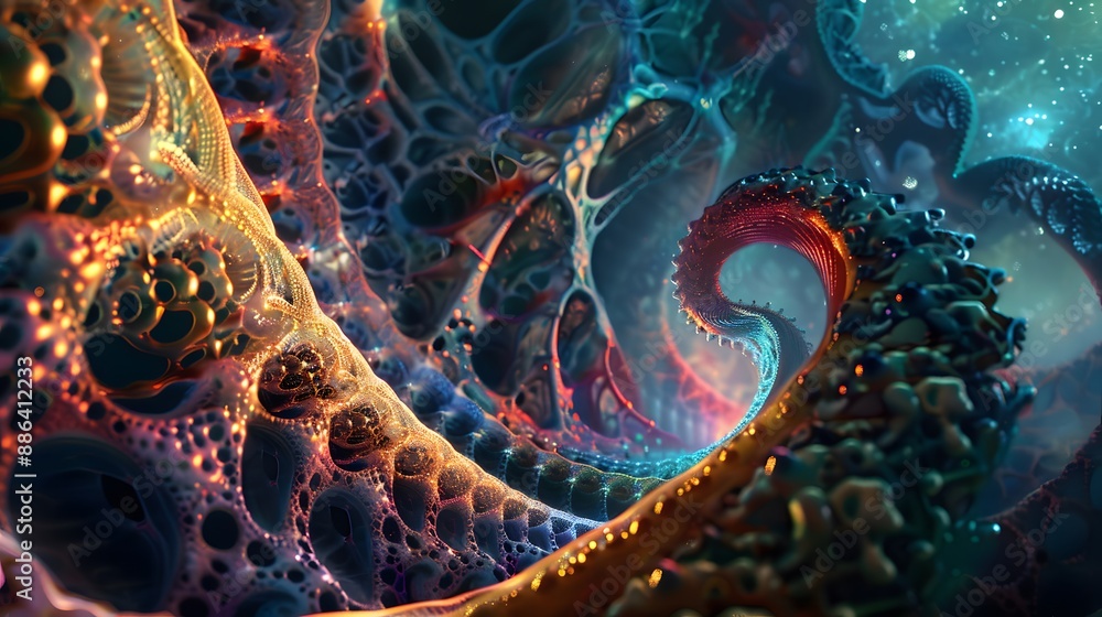 Poster complex fractal patterns with vibrant hues, offering a futuristic and captivating visual.