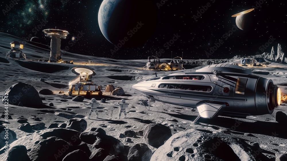 Poster an advanced space exploration scene with sleek spacecraft, a lunar base, and robotic explorers analy
