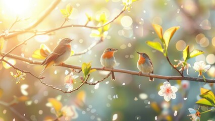 Sparrows on a branch of cherry blossoms in spring