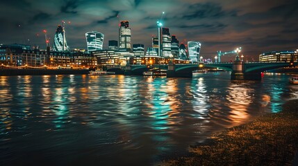 Naklejka premium The City of London and the river Thames at night, London cityscape, UK 