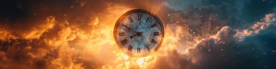Dramatic Abstract AI-Generated Illustration of a Burning Clock in the Clouds, Symbolizing Urgency, Deadlines, and the Passage of Time. Concept of Time Running Out and Countdown to Victory, 4K High-Res