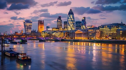 Fototapeta premium The City of London and the river Thames at night, London cityscape, UK 